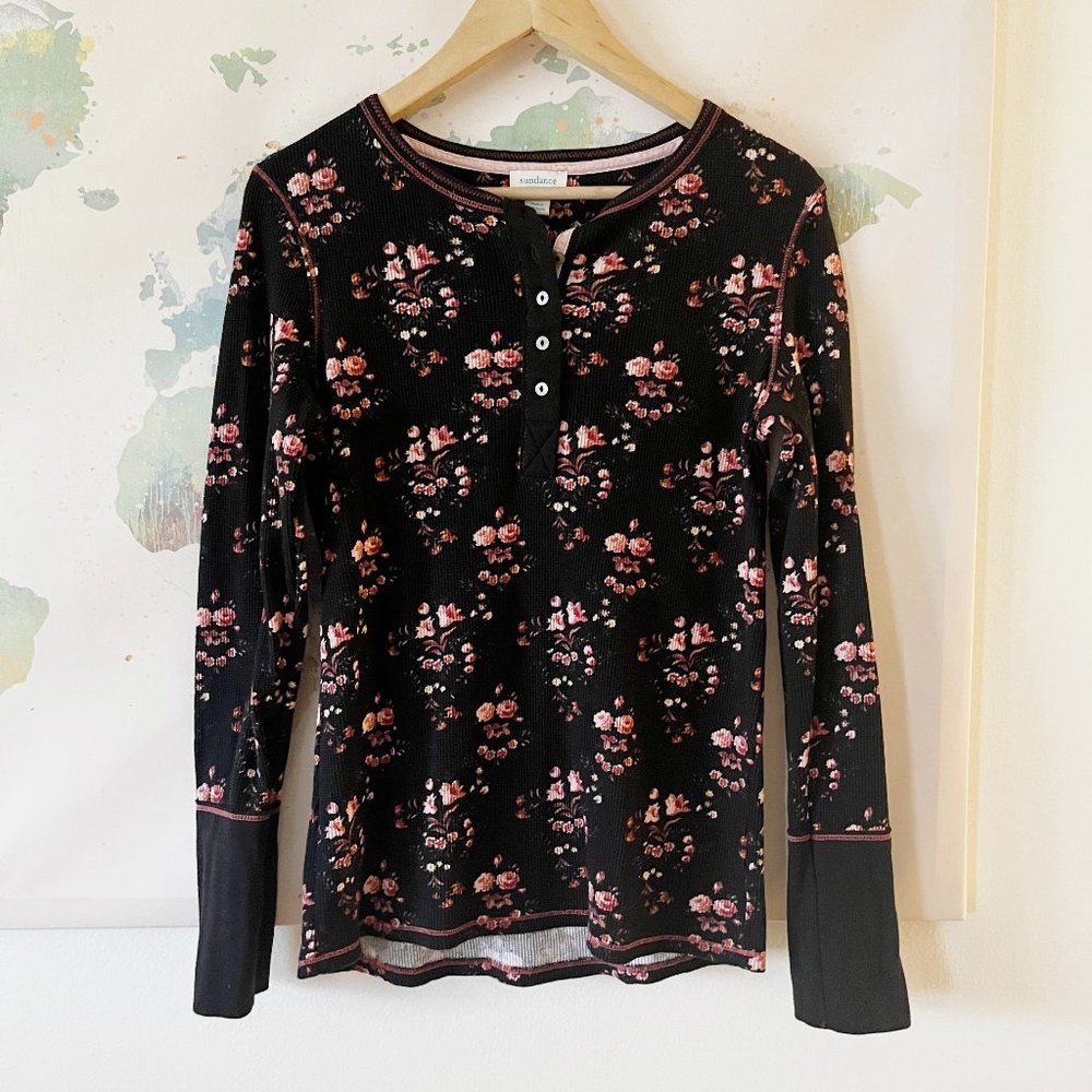 Sundance Black Floral Long-Sleeve Henley Top with Pink Roses